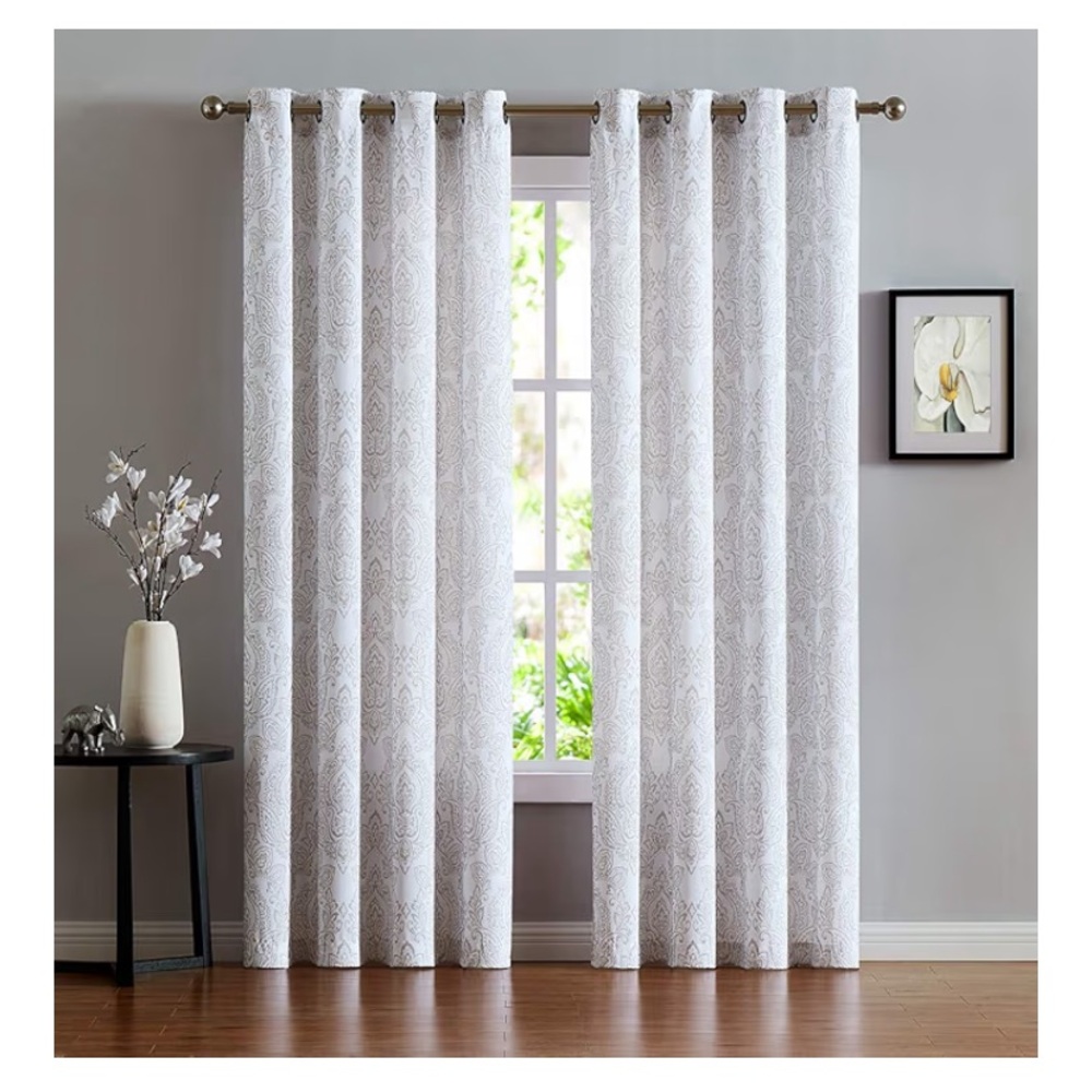 White & Tan Damask Patterned Curtains